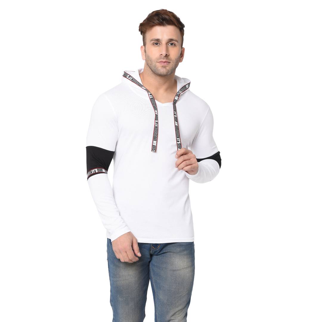 Men's White Typography Cotton Self Pattern Hooded T-Shirt - SVB Ventures